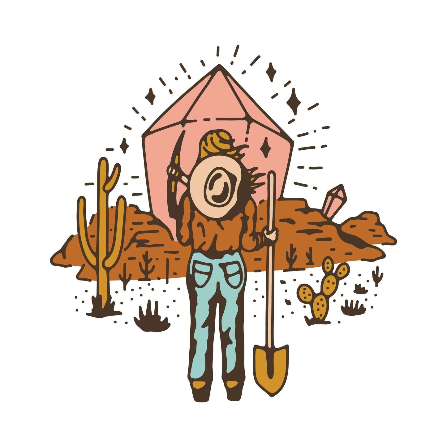 Wonder Rock Shop Logo - Western rockhounding girl in desert with shovel and pick staring at large crystal